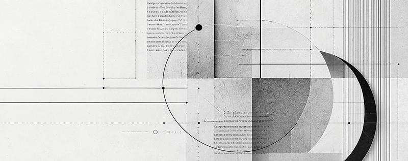 Monochrome geometrische Komposition aus Linien, Fl&auml;chen und typografischen Fragmenten als Sinnbild f&uuml;r dokumentierte Forschung